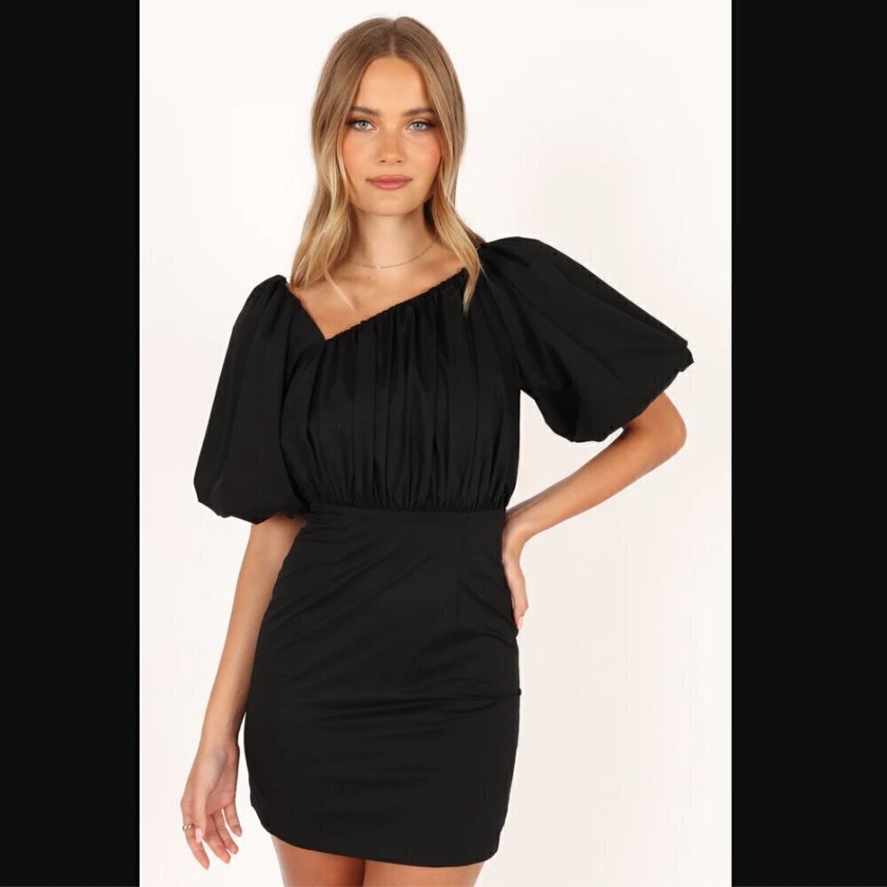 Petal & Pup Cabello Black One Shoulder Puff Slevee Mini Dress S - Picture 5 of 13